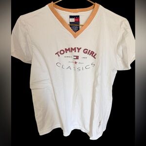 Tommy Hilfiger V neck White and Red Short Sleeve Tee Sz. L